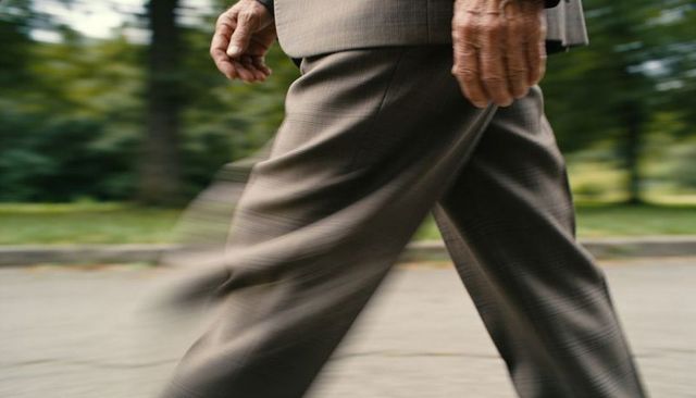 Senior man walking briskly in brown-gray suit on park path with motion blur stride