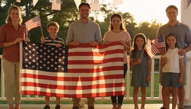 Extended family holding large american flag on porch at golden hour celebrating patriotism