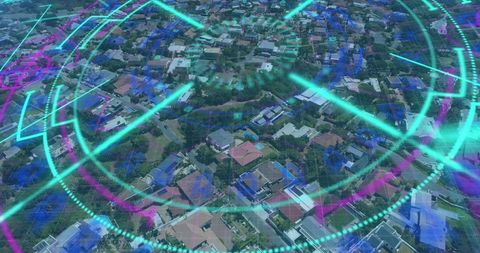 Futuristic digital targeting interface over cityscape