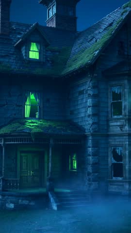 Vertical Horror Scene Showing Gothic Mansion Facade with Drifting Fog and Fluttering Green Curtains