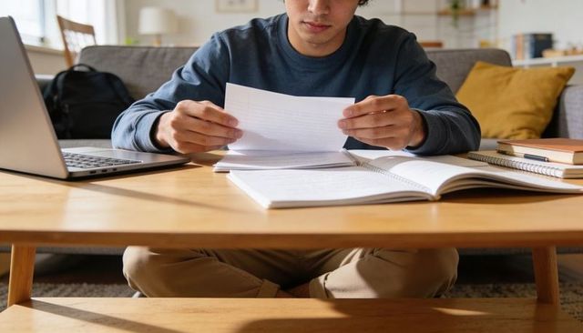 Focused student studying at home with laptop and notebooks on sunlit coffee table