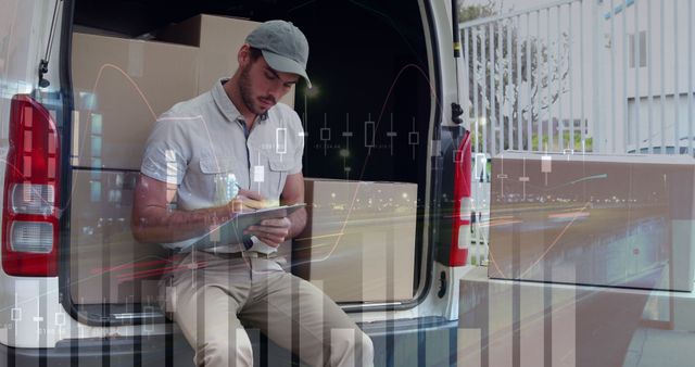 Front view of Caucasian deliveryman sitting on the back of van checking packages while writing on clipboard. Digital image of graphs and statistics running in the foreground