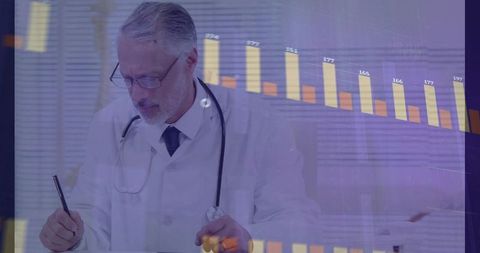 Senior doctor writing patient notes with data chart overlay