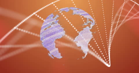 Digital DNA Strands Surrounding Globe on Orange Background