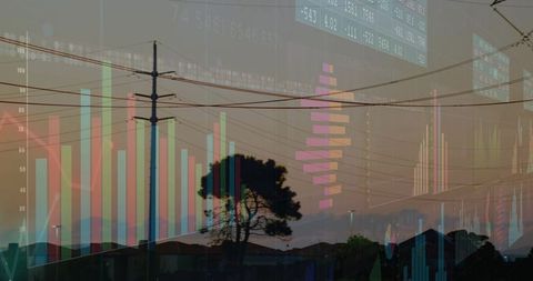 Utility pole suburban silhouette at dusk with data charts overlaying energy grid analytics