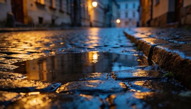Wet cobblestone reflecting warm street lamps at dusk in narrow historic alleyway