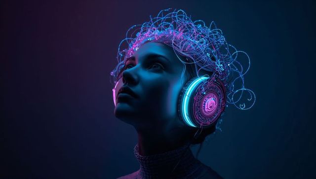 Gazing woman wearing neon cyber headset with filament halo, circuitry and teal lighting