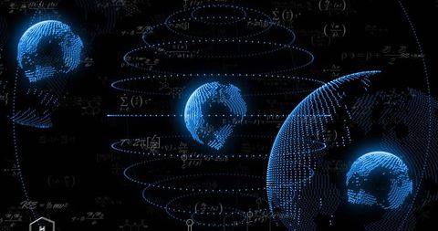 Rotating glowing dotted globe orbiting in digital data space with mathematical equations