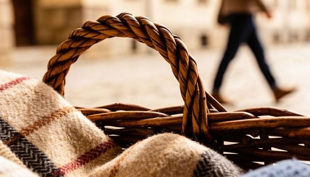 Wicker basket handle with cozy plaid wool blanket on sunlit stone plaza, passerby walking