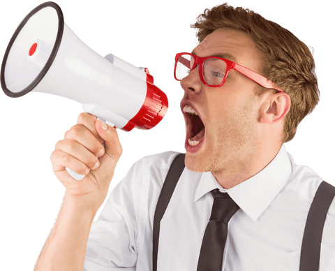 Transparent geeky businessman shouting with megaphone emphasizes urgency