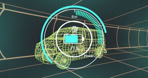 Futuristic electric car digital interface with technical specs