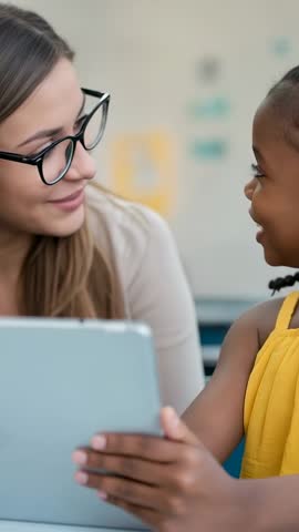Teacher guiding girl using tablet for math while smiling, encouraging digital learning