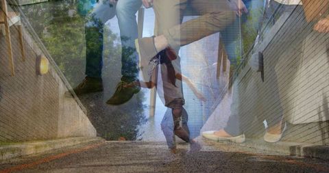 Friends Sitting on Urban Ledge Chatting Wearing Casual Shoes Brick Wall Double-Exposure Street