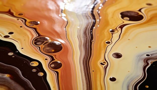 Glossy amber and chocolate paint pour creating organic marbling, flowing ribbons and cells