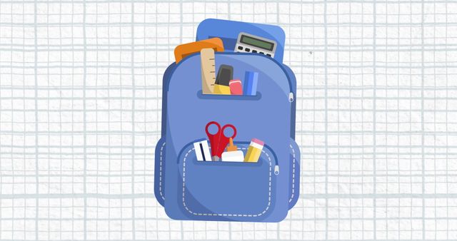 Illustration shows an organized school backpack filled with numerous learning essentials including a notebook, calculator, scissors, and more, against a blue grid pattern on a white background. Could be used for educational subject articles, back-to-school promotions, or educational tools websites.