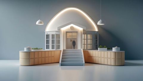 Modern reception interior with house-shaped desk and open gallery, mental institution concept