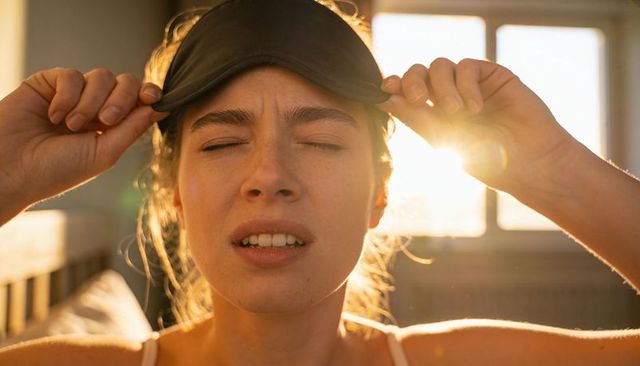 Sunlit morning wake up woman lifting sleep mask and squinting into sunrise intimate bedroom closeup