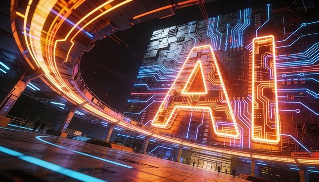 Glowing ai neon sign dominating futuristic tech concourse with circuitry and walkway