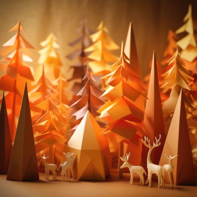 Handcrafted paper forest scene featuring origami deer and trees in autumn colors. Ideal for showcasing paper art techniques, creativity in handicrafts, or as a unique holiday decoration concept. Suitable for art and craft blogs, DIY websites, and educational materials related to origami.