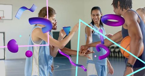 Huddling Basketball Team Stacking Hands with Neon Purple-Teal Abstract Overlays