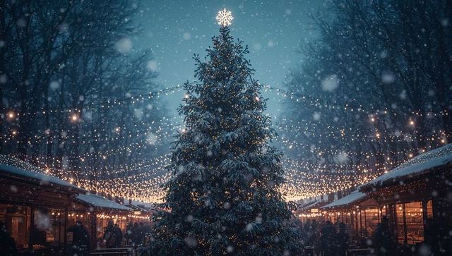 Christmas Market with Decorated Tree and Festive Lights