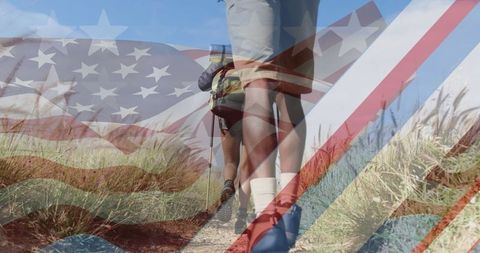 Patriotic Symbolism with Couple Hiking Scenic Mountain Path