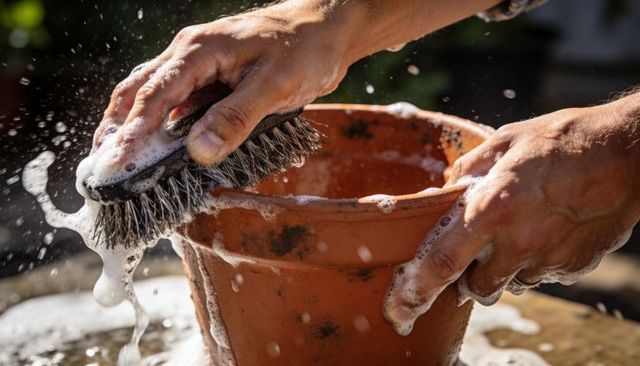 Man scrubbing soapy terracotta pot with stiff brush on sunlit patio for garden cleanup