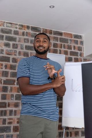 Confident Man Discussing Ideas Near Flip Chart in Modern Office Setting