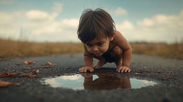 Curious toddler exploring puddle on rural path reflecting sky and face