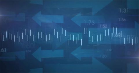 Centered white-tick waveform spanning blue market dashboard with left arrows and data glow
