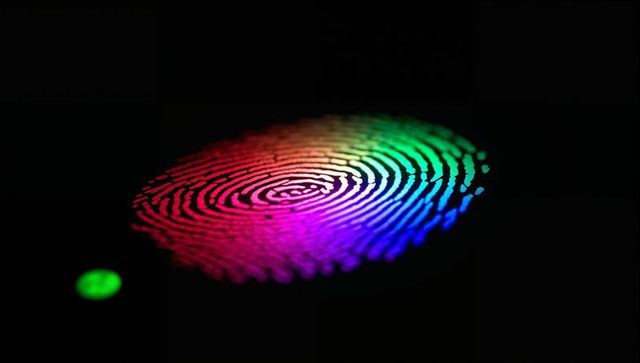 Colorful fingerprint whorl lit by rgb gradient on glossy scanner surface modern biometric security