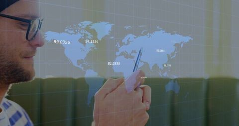 Tapping smartphone with global data overlay in casual lounge for tech communication