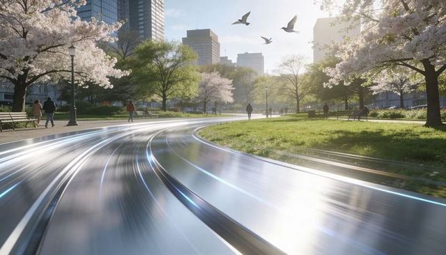 Reflective curved rail guiding morning walkers through blossom-lined urban park