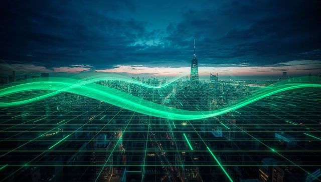 Futuristic Neon Wave Over Cityscape at Dusk