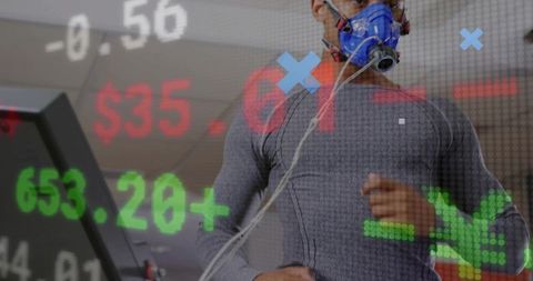 Running man wearing metabolic mask on treadmill with data overlay and fitness monitoring