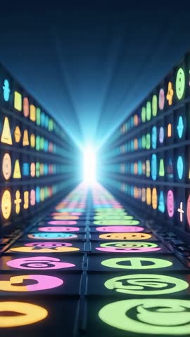 Gliding through neon icon tunnel racing toward glowing portal vertical cyber digital video