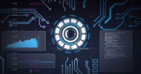 Scanning concentric hud dashboard showing code, analytics and circuit network on grid
