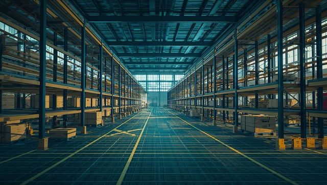 Vast Warehouse Interior with Metal Shelving and Yellow Markings