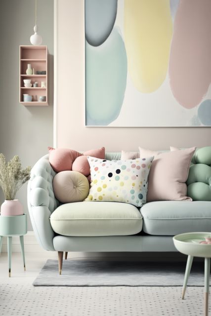 Pastel blue and green retro sofa with cushions and painting, created using generative ai technology. Interior design, feminine, pastel colours, vintage home decor concept digitally generated image.