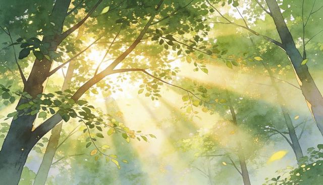 Sunbeams Piercing Misty Deciduous Canopy, Golden Rays Filtering Through Green Leaves at Dawn