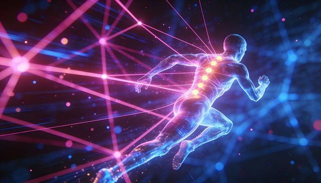 Sprinting holographic athlete with glowing spinal nodes, neon network and cybernetic energy