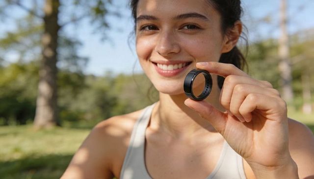 Smiling woman holding smart ring outdoors — wearable tech lifestyle and health tracker