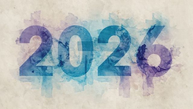 2026 bold watercolor numerals with blue and purple paint bleeds on textured beige paper