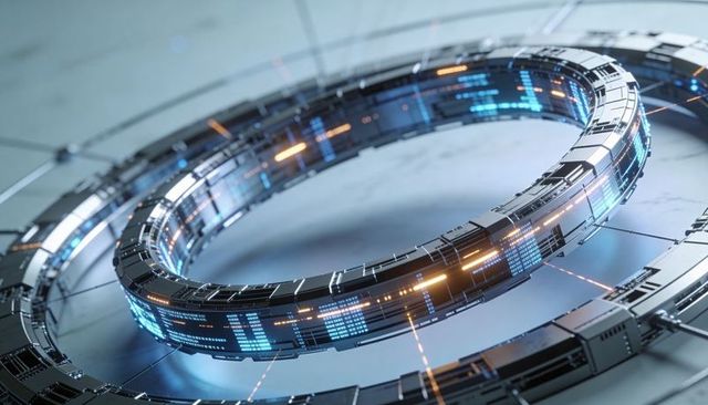 Pulsing metallic torus data ring with glowing blue and amber panels, futuristic interface