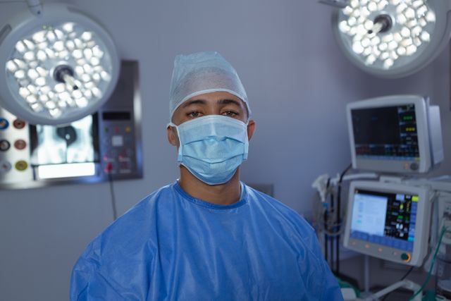 Front view of male surgeon looking at camera while standing in operation room at hospital