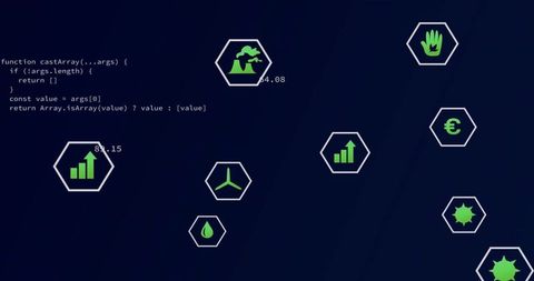 Hexagonal Data Dashboard Presenting Analytics Honeycomb with Code Overlay and Green Icons