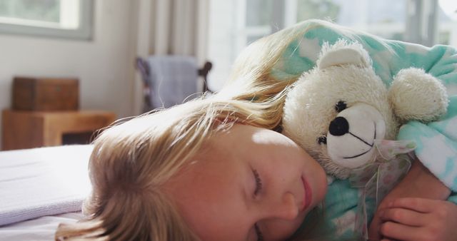 Little Girl Sleeping Peacefully with Toy Bear in Bed - Download Free Stock Images Pikwizard.com