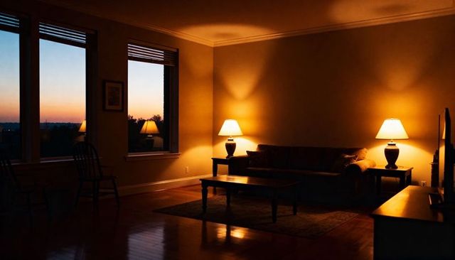 Cozy living room glowing under warm table lamps at dusk with silhouetted windows