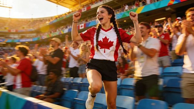 Cheering canadian fan celebrating with raised arms wearing maple leaf jersey in stadium