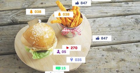 Rustic Setting Burger Snacks with Social Media Interaction Overlays